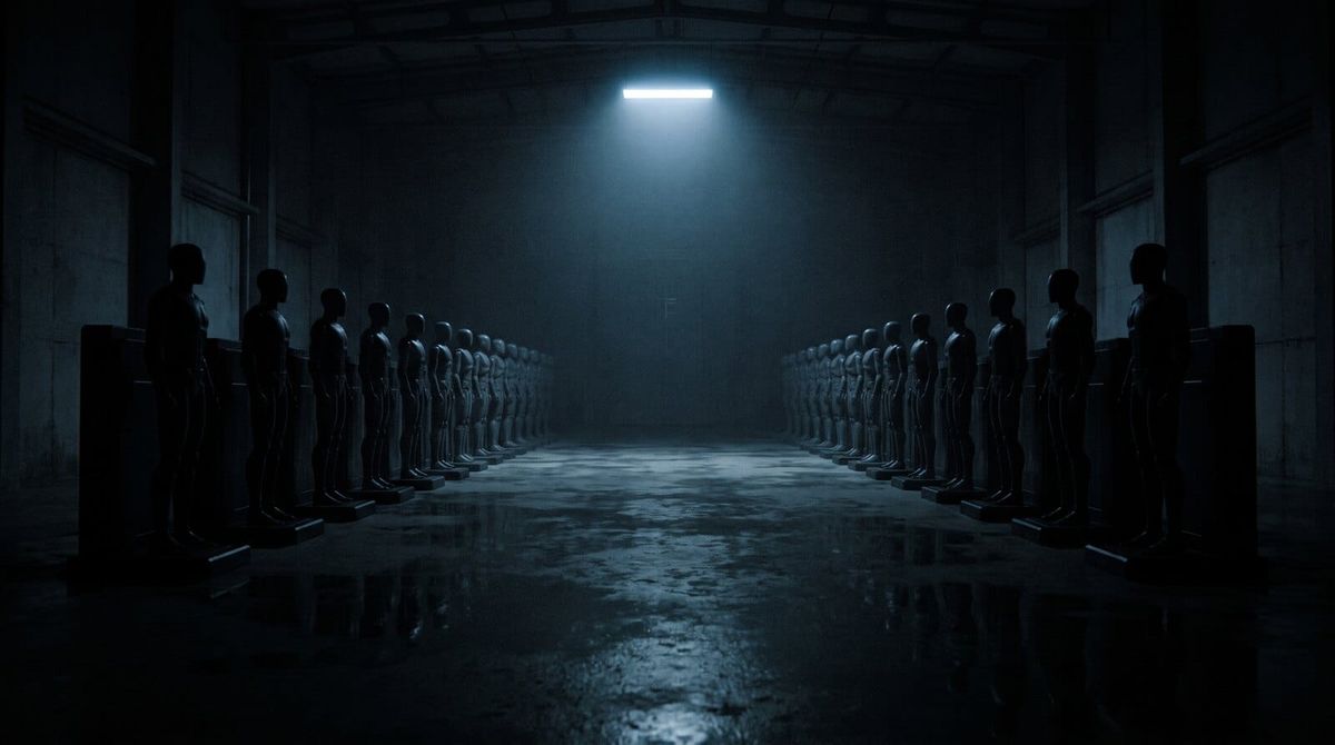 Two long rows of dark humanoid machines standing in charging docks in a vast dim hall, one overhead light at the far end.
