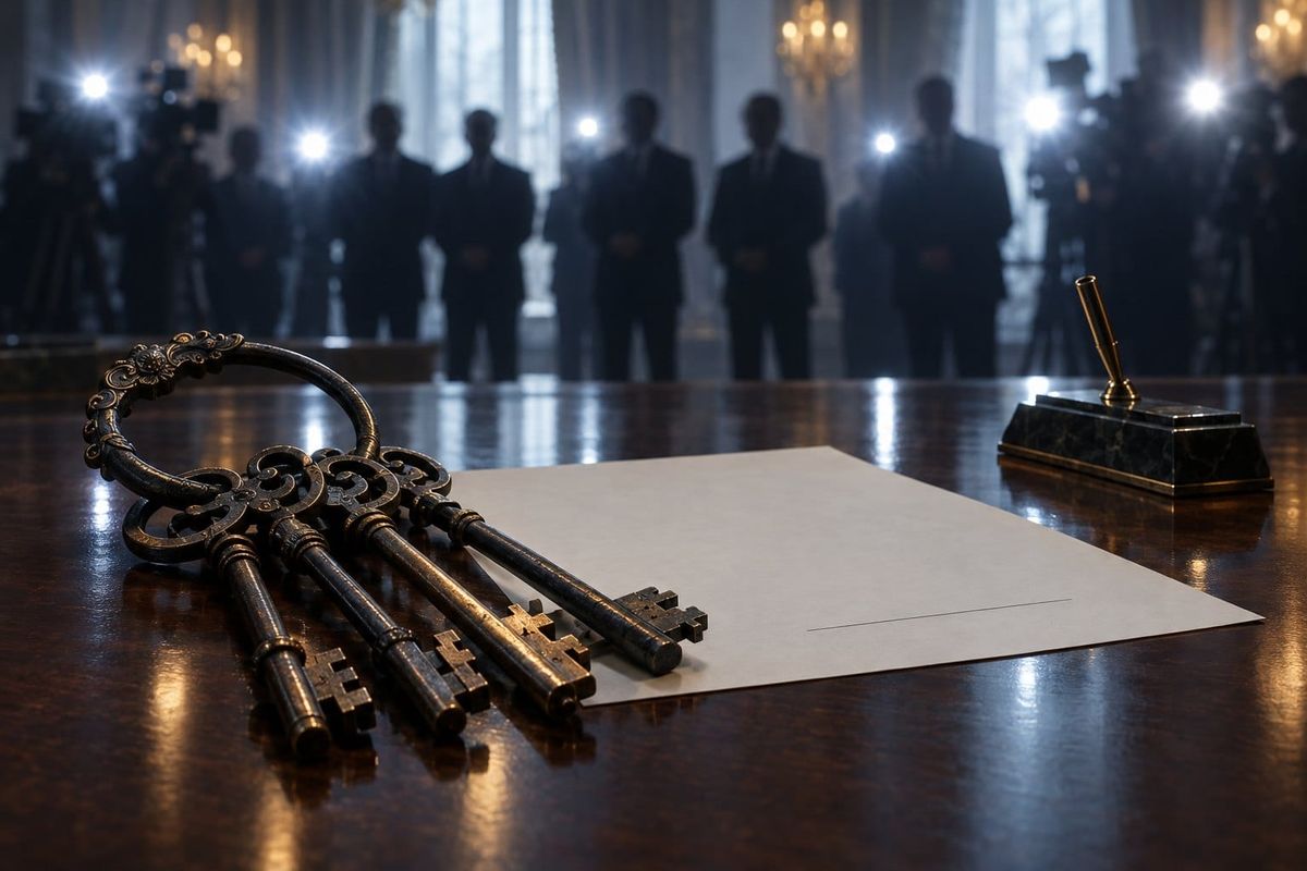 A ring of antique iron city-gate keys lies beside a blank page with a signature line on a polished table, while dark-suited figures stand under press-camera lights behind it.