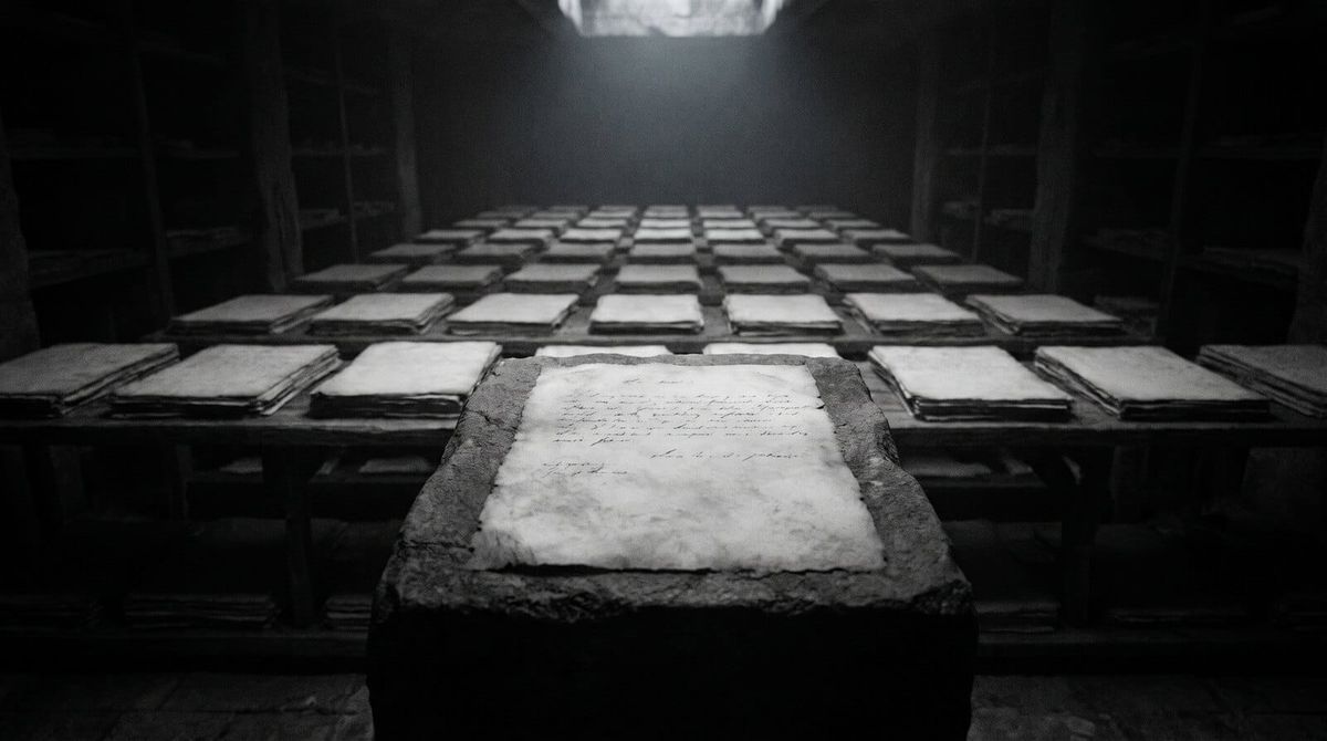 A single sheet of paper on a stone slab under one shaft of cold light, rows of blank sheets receding into darkness behind it.