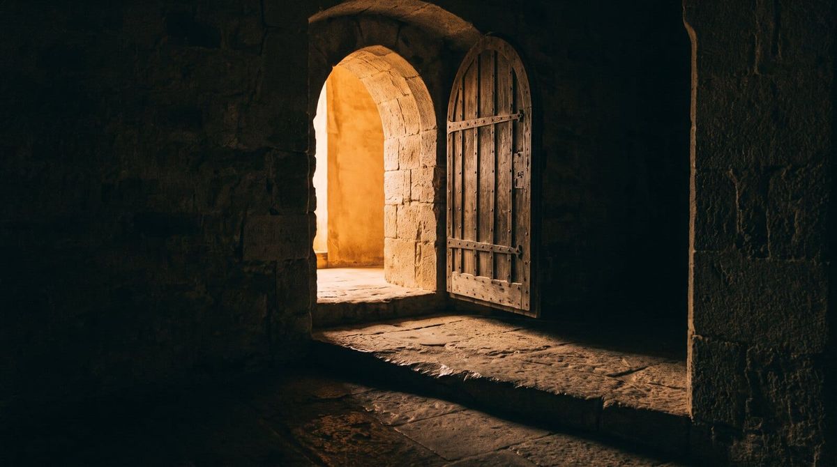 A heavy stone doorway standing open in a dark wall, warm light spilling across a worn threshold from the far side.