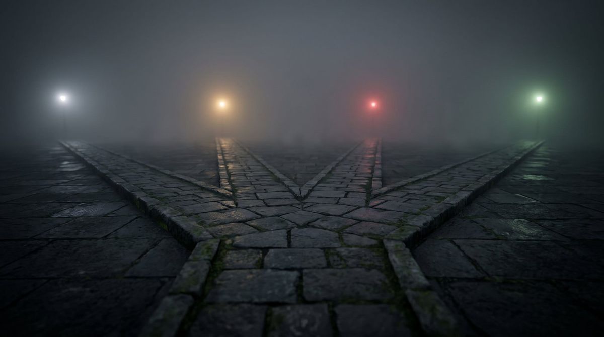 Four stone paths diverge from one point on a dark, foggy plaza, each leading toward a distant light: white, gold, red and green.