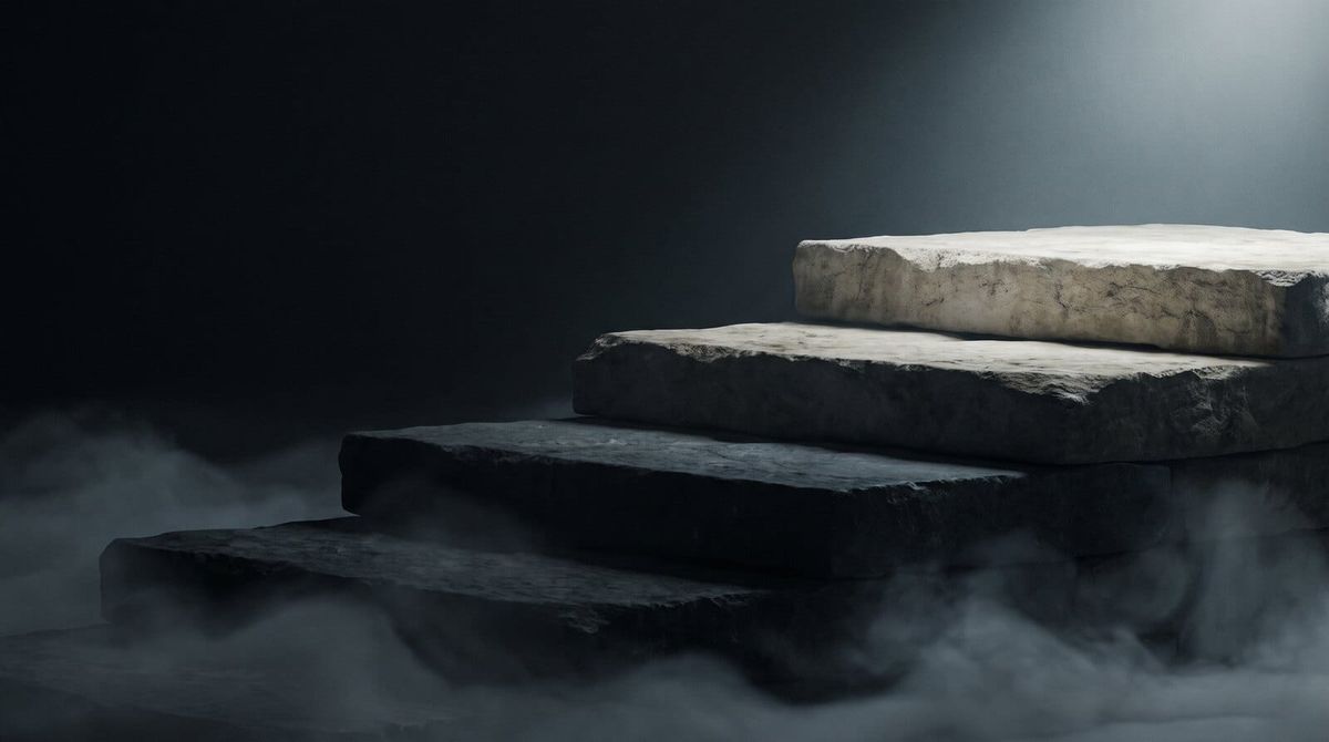 Four rising stone platforms in a dark void, each lit slightly more than the last by a single distant cold light.