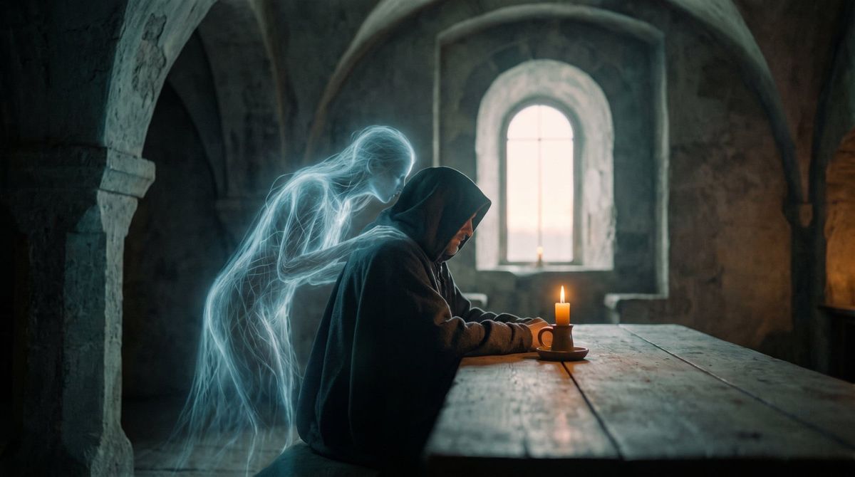A hooded figure at a candlelit table in a stone chamber; a translucent figure of blue light leans over his shoulder as dawn breaks in the window.
