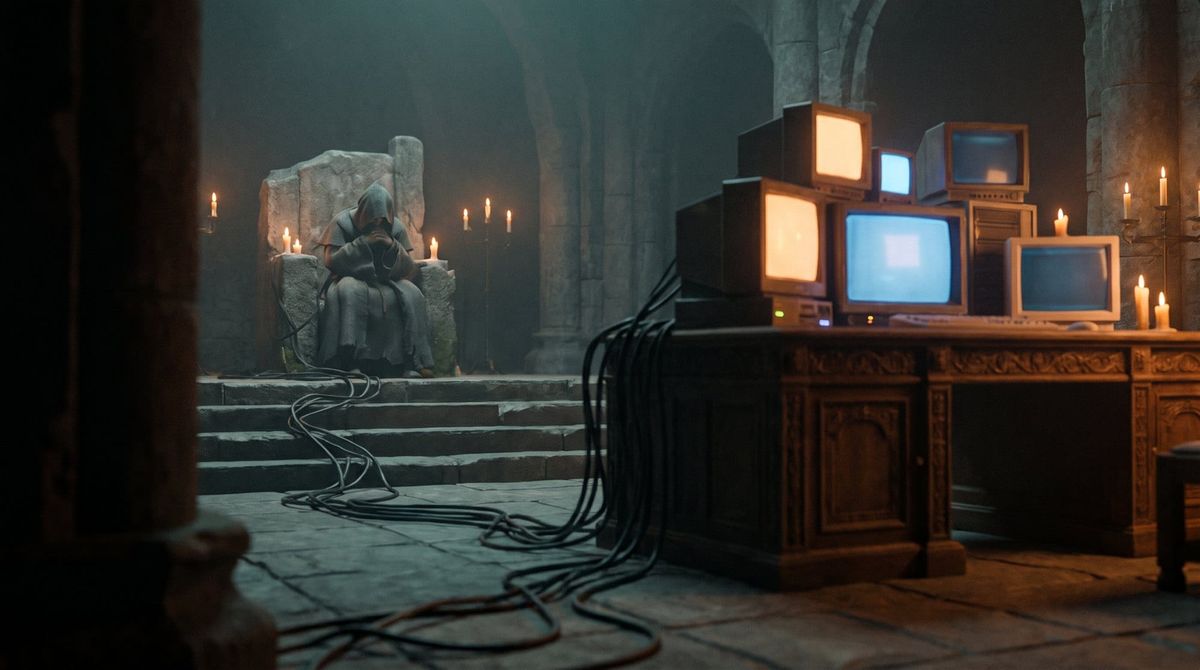 A small hooded figure slumps on a stone throne in a dim hall while cables from a desk of glowing monitors snake up the throne steps.