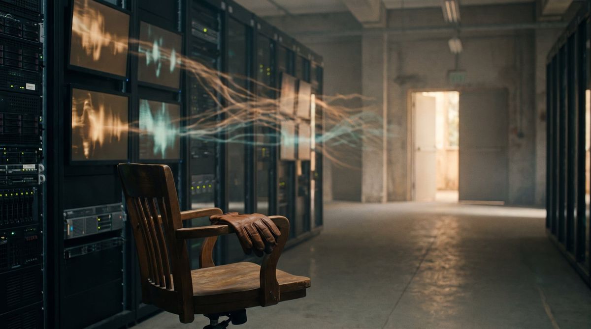 An empty wooden chair with a pair of leather gloves on its arm faces glowing monitors in a dim server hall; threads of light stream toward an open, sunlit door.