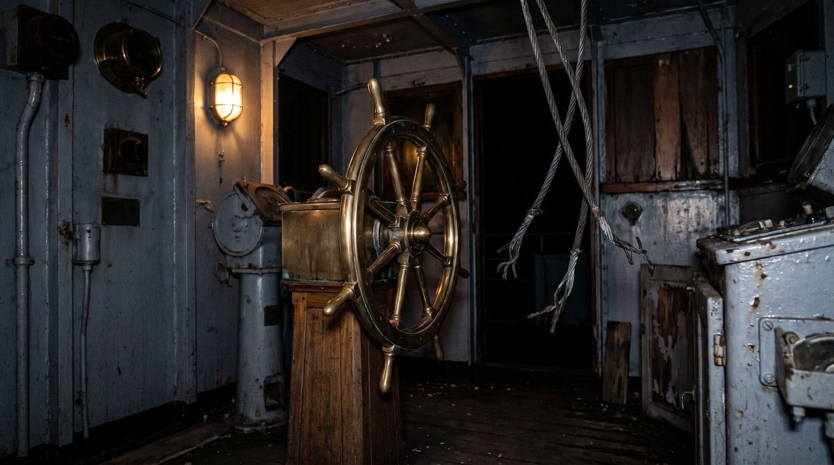 A brass ship steering wheel lit by one low lamp, its steering cable hanging severed behind it in an empty wheelhouse.