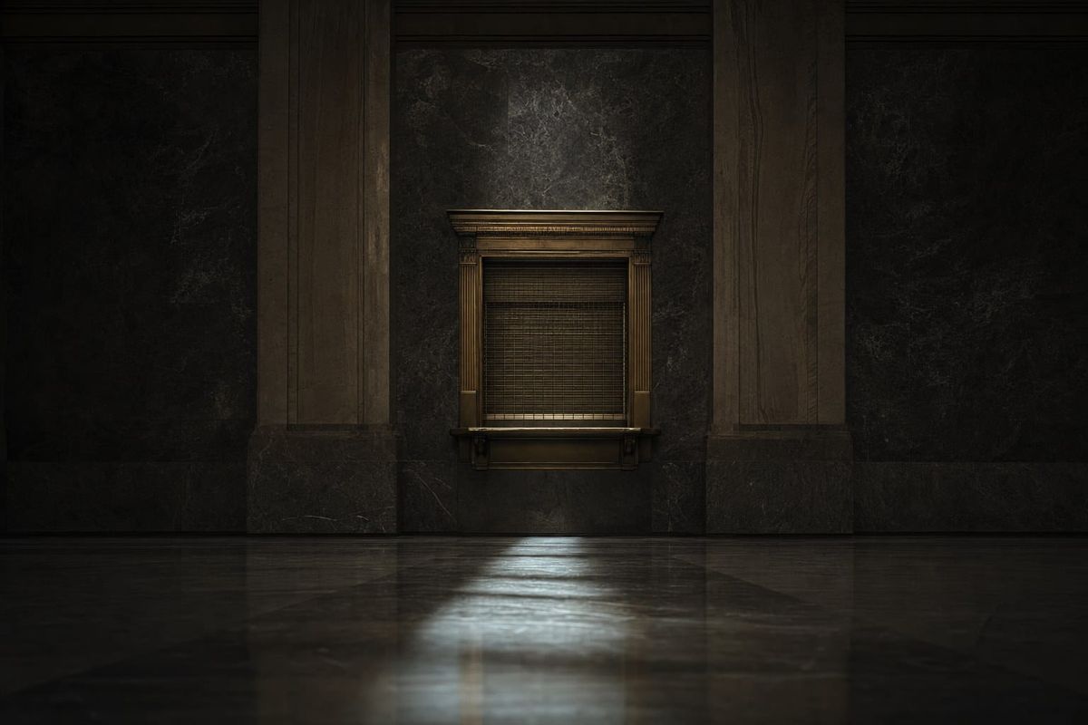 A single closed brass teller window in a vast dark marble hall, one shaft of light on the floor.