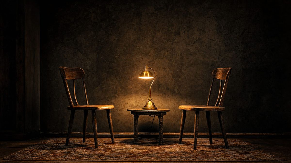 Two empty wooden chairs facing each other with a single lit brass lamp between them, warm light against a deep charcoal wall — chosen presence, not desolation.