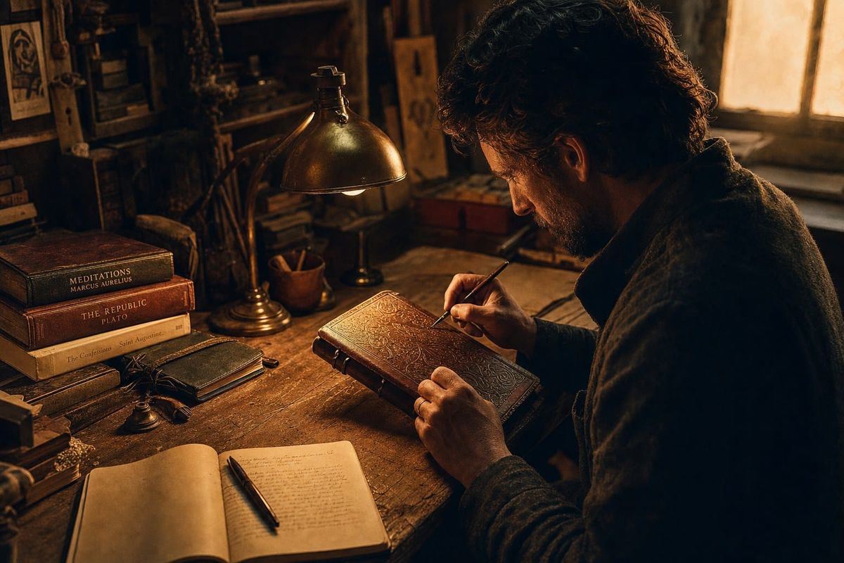 A solitary craftsman working at a wooden desk by warm lamplight, philosophical books stacked beside an ornate journal.
