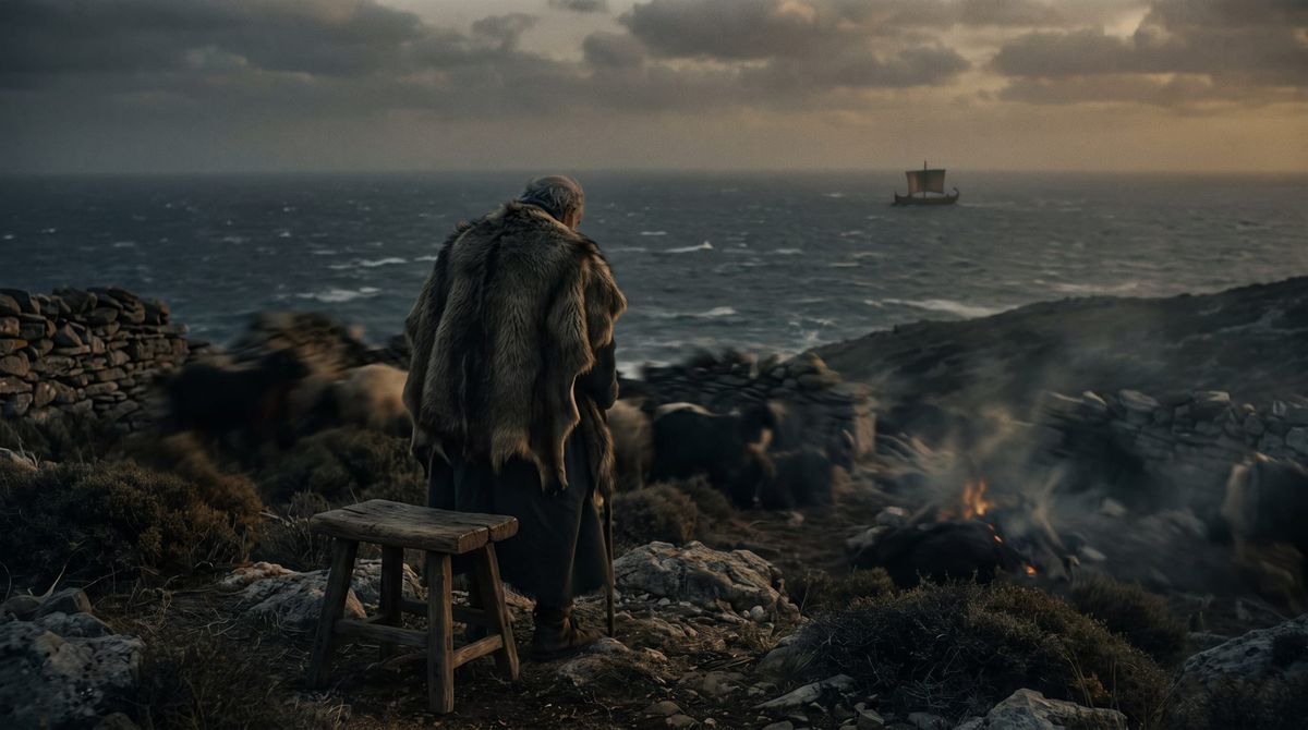 An old swineherd stands sharp and still beside a wooden stool on a Greek hillside at dusk, everything around him blurred, a distant ancient ship at sea.