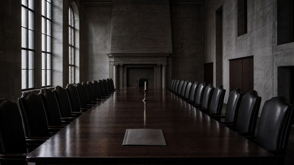 Empty ceremonial council chamber at dusk — long dark table, empty leather chairs, a single unlit candle.