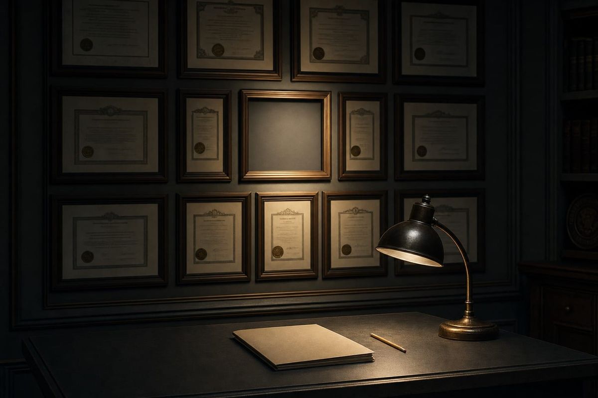 A wall of framed professional licences in a dim hearing room, one frame in the centre empty and lit by a single bronze lamp above an unopened exam booklet.
