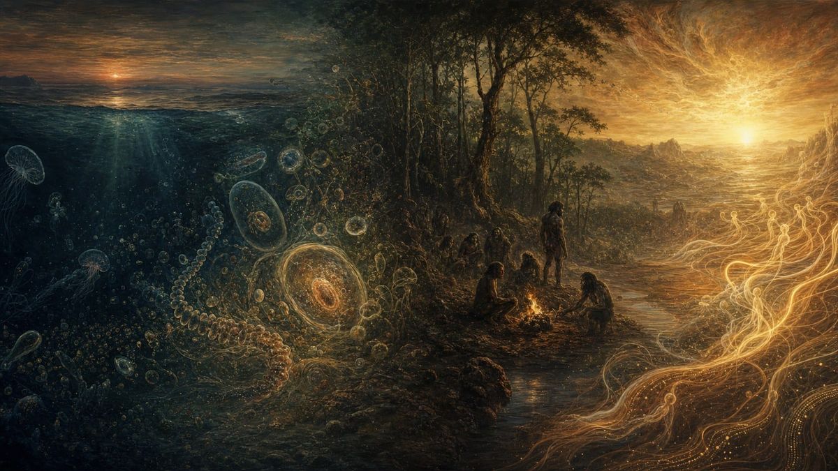A wide painterly landscape moving left to right: primordial ocean with cellular forms, hominids gathered at fire, and flowing luminous light.
