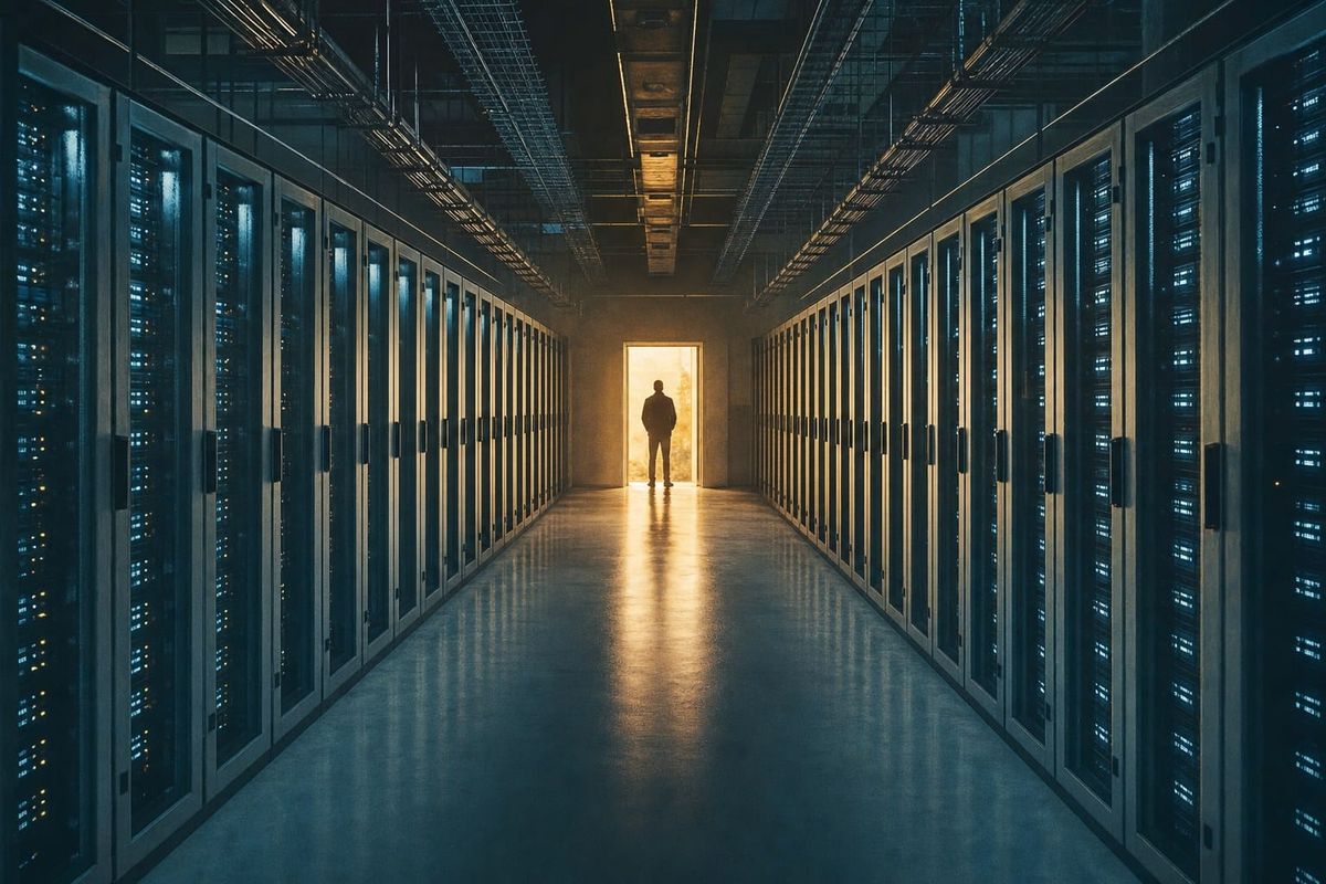 A dark data-center corridor of blue-lit server racks receding toward a single human figure silhouetted in warm doorway light.