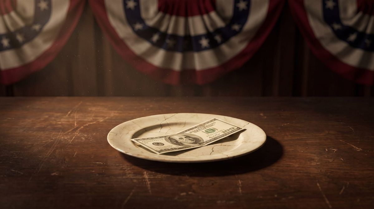 A single porcelain plate on a walnut table with a hundred-dollar bill on it, red-white-blue bunting behind.