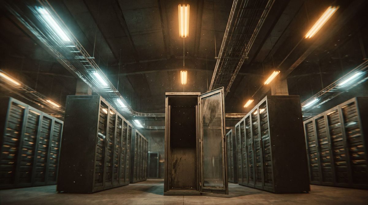 A dim server hall with an empty rack door standing open at the centre.