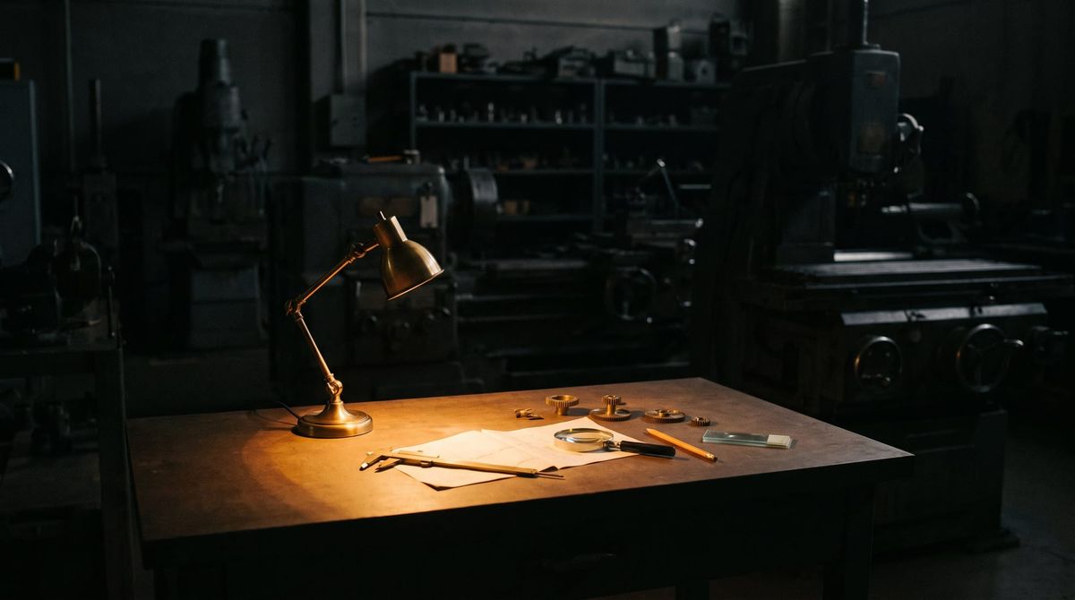A small brass desk lamp illuminates a cluster of tools on a workbench in the middle of a vast dark workshop, with enormous machinery fading into shadow around it.