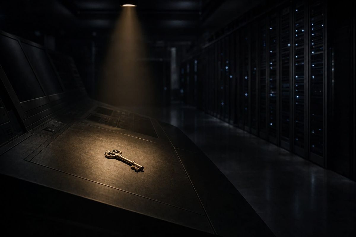 A single brass key alone in a pool of light on a dark console in an empty server control room.