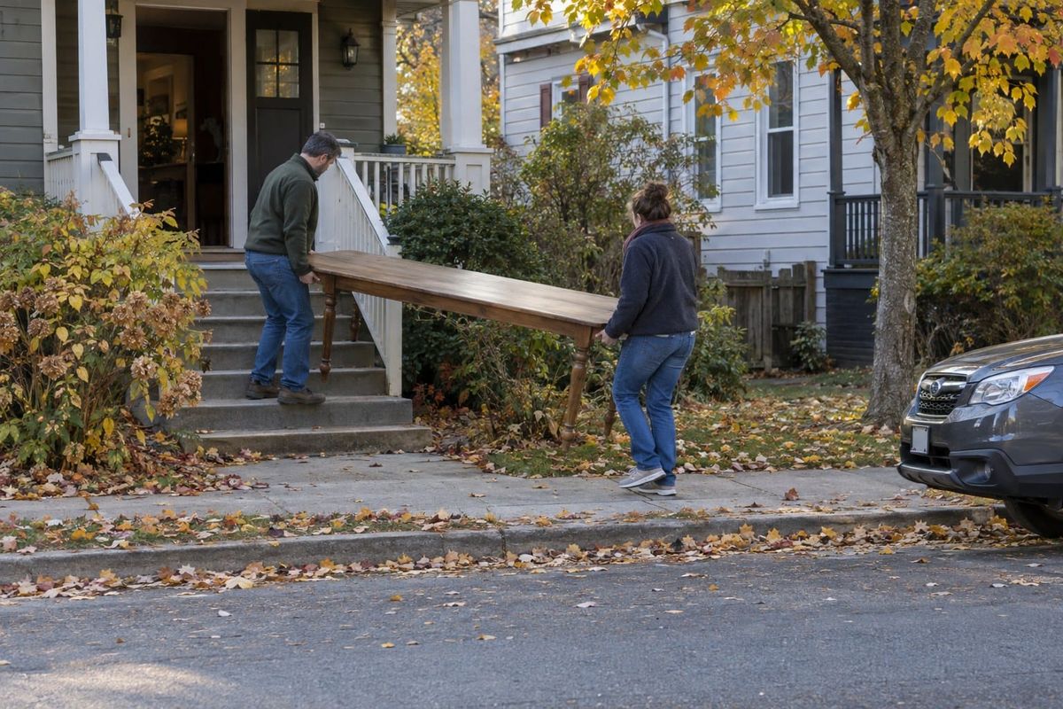 Two neighbors carry a long wooden table together down the front steps of a house onto an autumn sidewalk scattered with fallen leaves.
