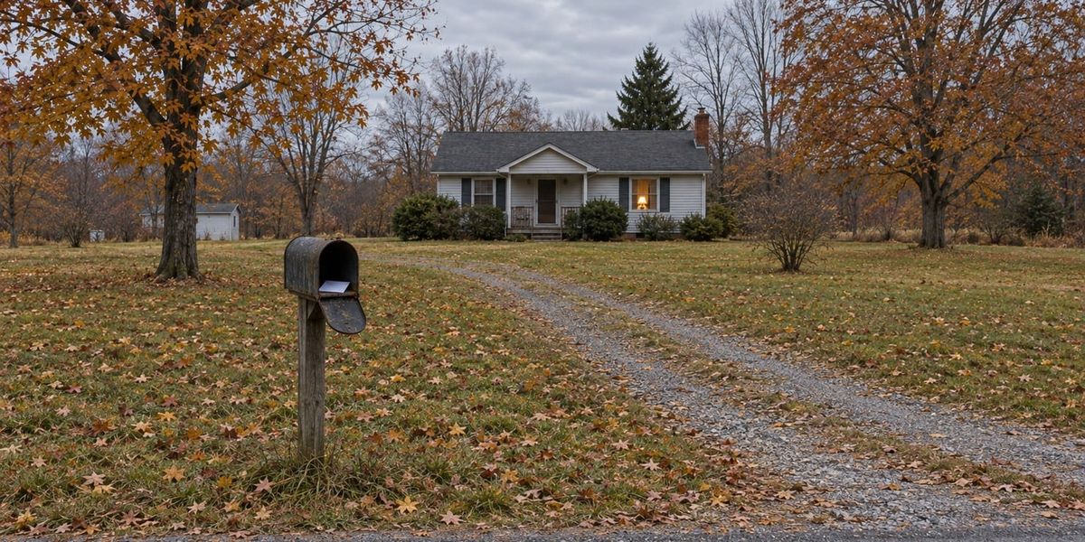 A weathered rural mailbox at the end of a gravel driveway, door open with a blank envelope inside. A modest one-story house with one lit window sits across a leaf-strewn lawn.