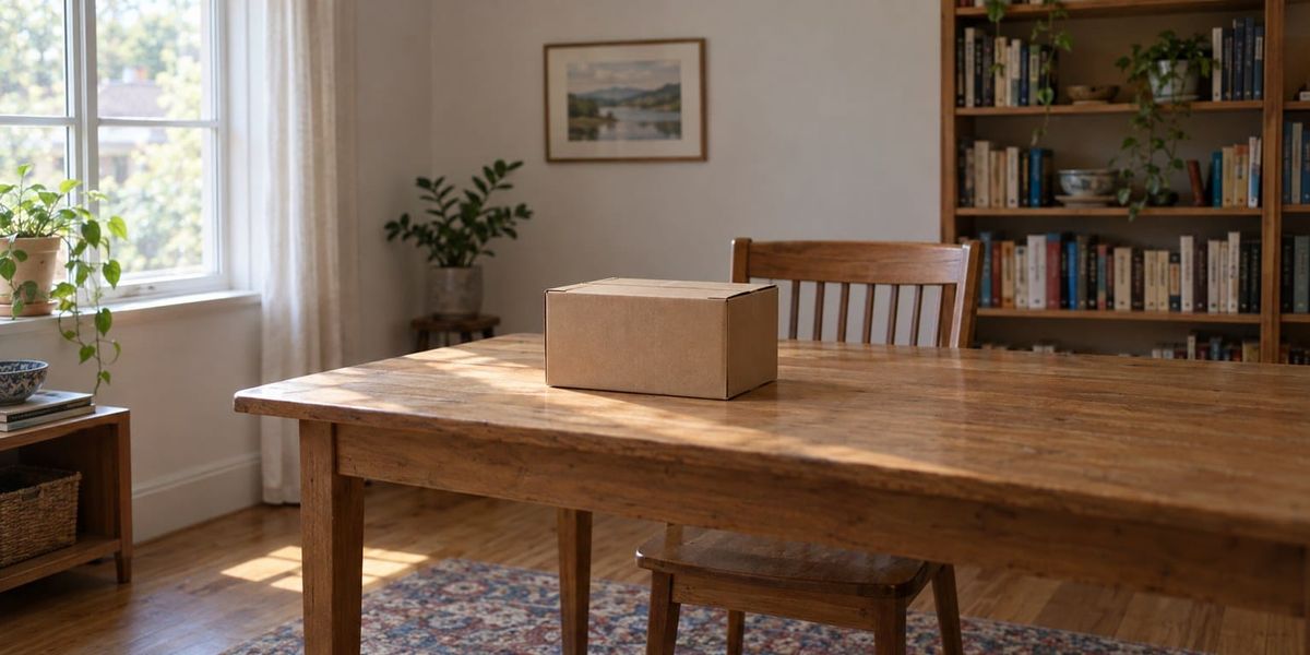 A plain cardboard box with its flaps closed sits on a wooden table in a quiet room, soft window light falling across it, a chair and bookshelf in the background.
