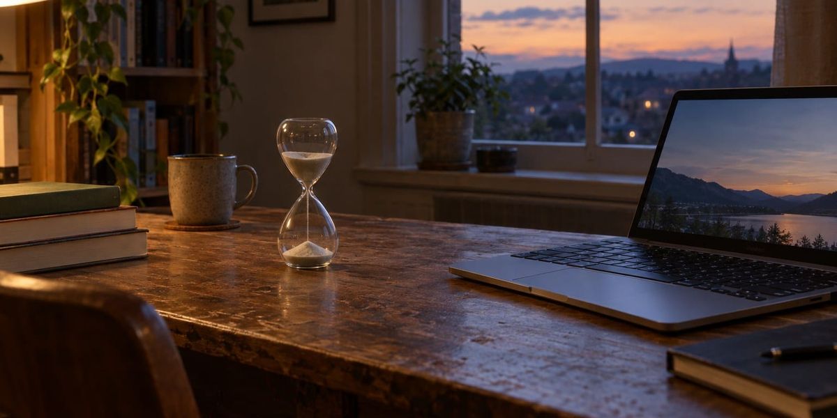A glass hourglass with sand running stands on a worn wooden desk at dusk, beside a mug, books and an open laptop, with a window onto an evening town.