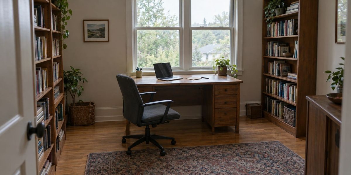 A quiet home study seen from the doorway: a wooden desk under a window with an open laptop, an envelope and a pen, an empty chair, and bookshelves on both sides.