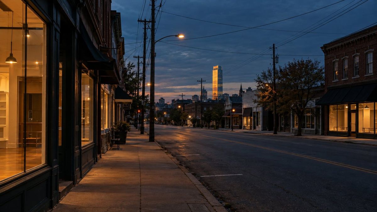 A quiet main street at dusk with lit but empty shopfronts and a single gold-lit tower glowing in the distance.
