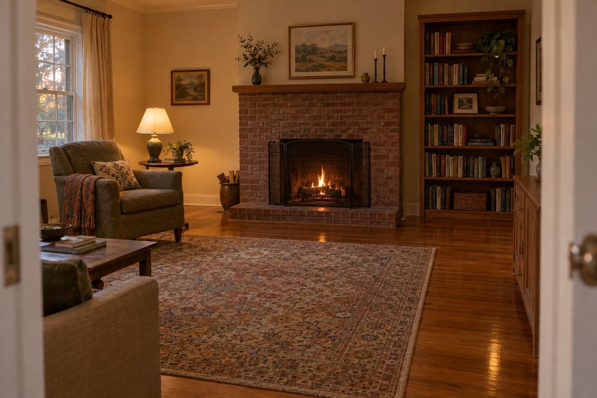 An ordinary living room seen from the doorway at eye level, a small fire burning safely behind a screen in a brick fireplace, with an armchair, lamp, and bookshelves.