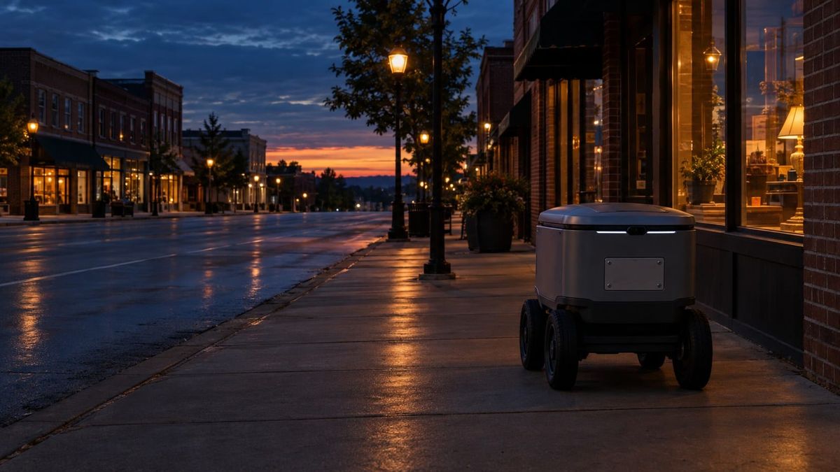 A small grey delivery robot with a blank metal license plate on its body waits on a brick-lined sidewalk at dusk, shop windows glowing amber behind it.