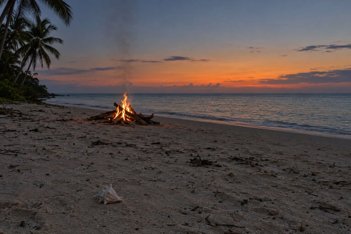 A small driftwood signal fire burns on an empty tropical beach at dusk, seen at eye level, with a conch shell on the sand and calm ocean to the horizon.
