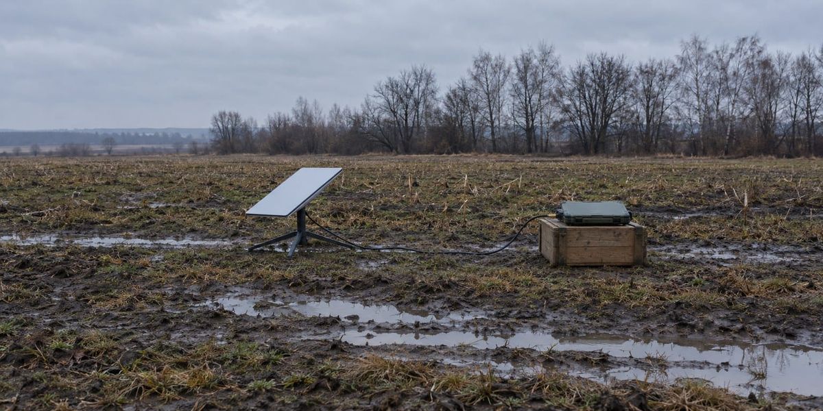 A flat satellite dish on a short stand in a muddy field at dawn, cable running to a closed rugged laptop on a wooden crate, bare trees and grey sky behind.