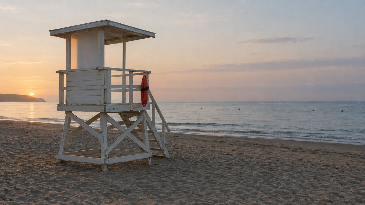 An empty white lifeguard tower on a wide sand beach at sunset, a red life ring hanging on its side, calm water beyond.