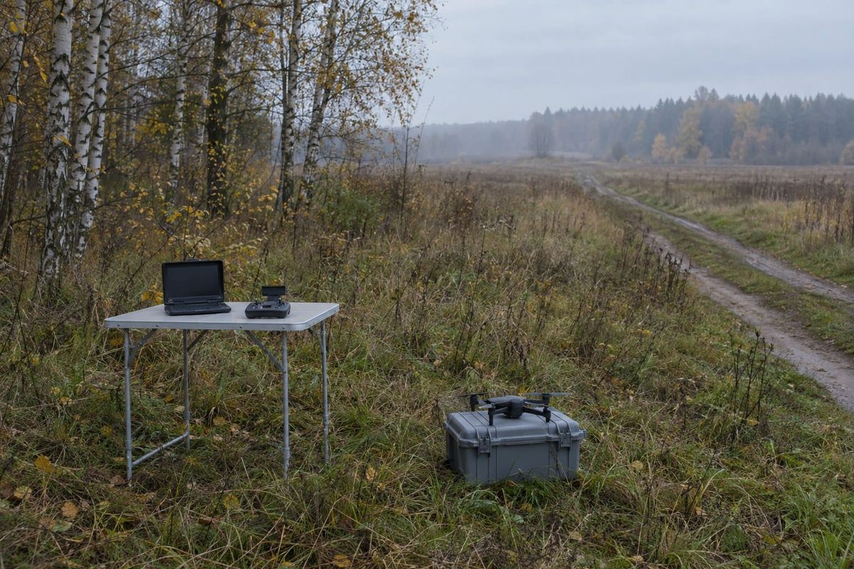 A folding table with a monitor and a drone controller set down on it, a small drone on a grey case beside it, in an overgrown autumn field by a dirt road.