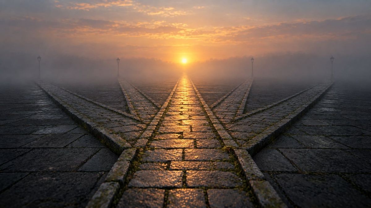 Five paved paths fan out across a stone plaza toward a rising sun; four fade into fog beside dim lamps, and the central path glows gold.