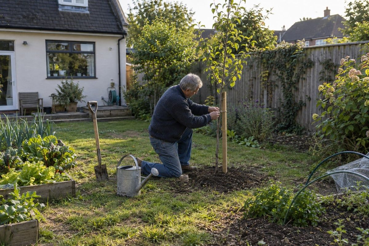 An older man kneels in a backyard garden tying a young tree to a wooden stake, a watering can and spade beside him, a fence and house behind.