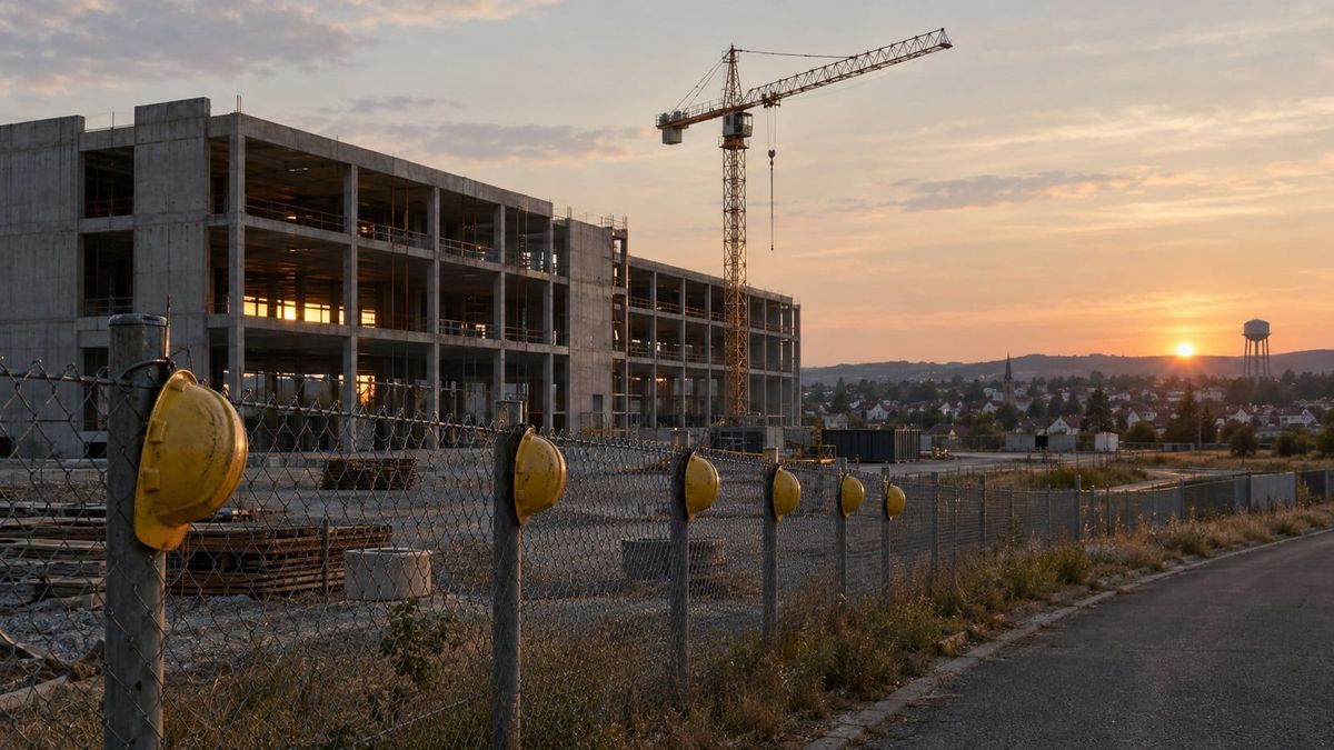 An unfinished concrete building with a crane stands beside a chain-link fence hung with yellow hard hats as the sun sets over a small town.