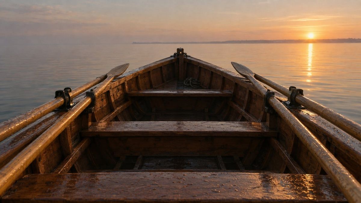 The bow of a wooden rowboat with oars resting in their locks, pointing across calm water toward a low setting sun.