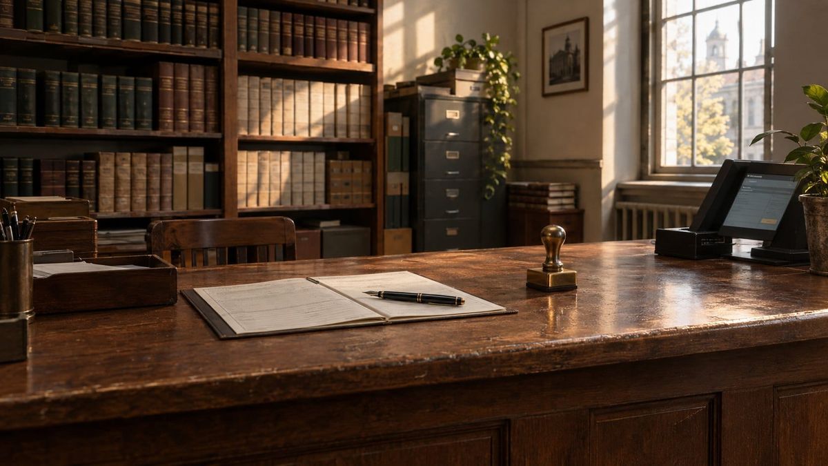 A wooden records counter in a quiet office with an open ledger, a pen and a rubber stamp; shelves of bound files and a window behind.