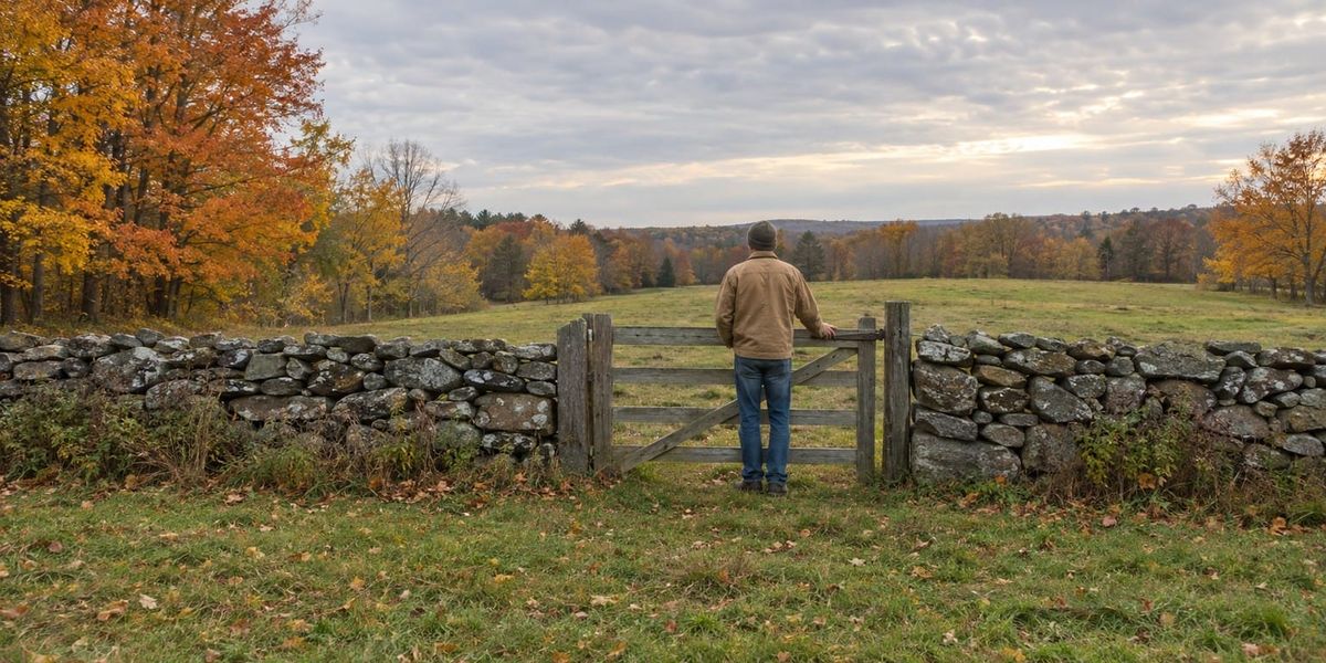 A person in a tan canvas jacket stands at a closed wooden gate in a New England stone wall, one hand on the gate, looking across an autumn pasture.