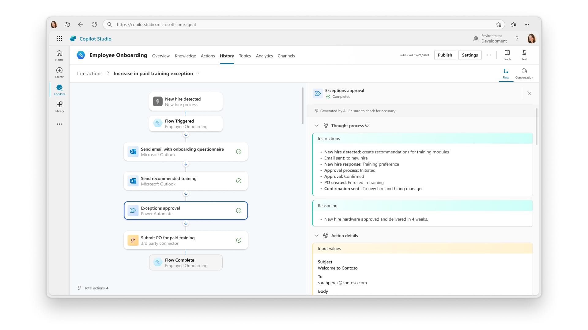 Screenshot of the in-product experience for training copilots with agent capabilities in Microsoft Copilot Studio