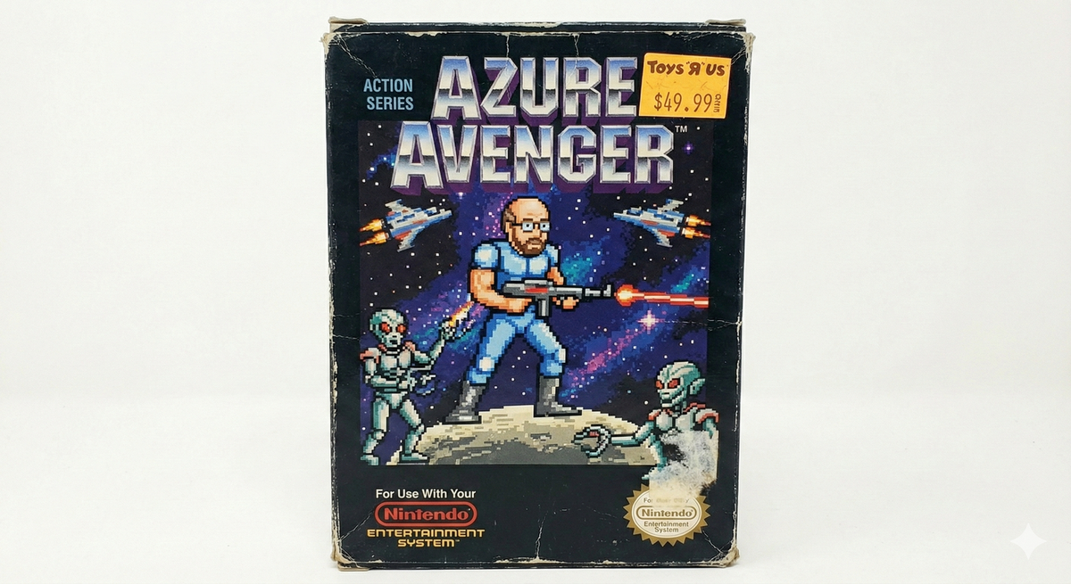 A well-worn box for a fictitious NES game called Azure Avenger 