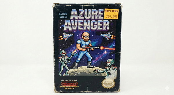 A well-worn box for a fictitious NES game called Azure Avenger 