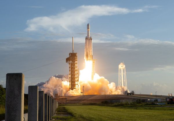 A SpaceX Falcon Heavy rocket launches with NASA’S Nancy Grace Roman Space Telescope onboard from Launch Complex 39A, Sunday, Aug. 30, 2026, at NASA’s Kennedy Space Center in Florida.