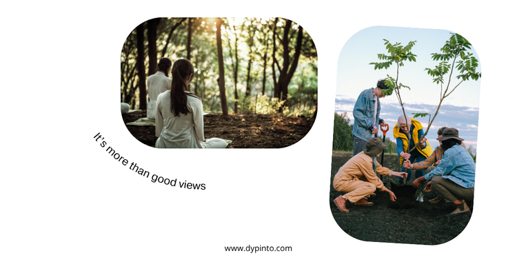 A photo of two persons meditating in a green area and a photo a group of people planting a tree in a hill near the sea