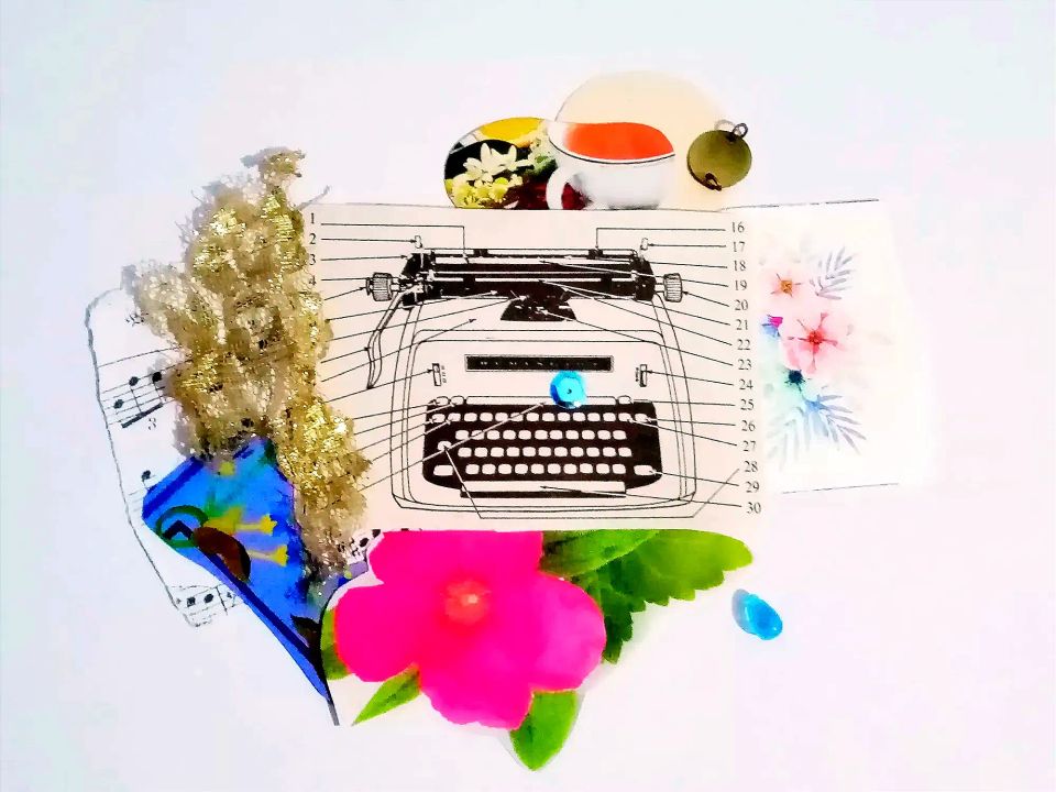 A scrapbook collage of a typing machine, flowers, a cup of tea, komono, and a piece of sheet music.