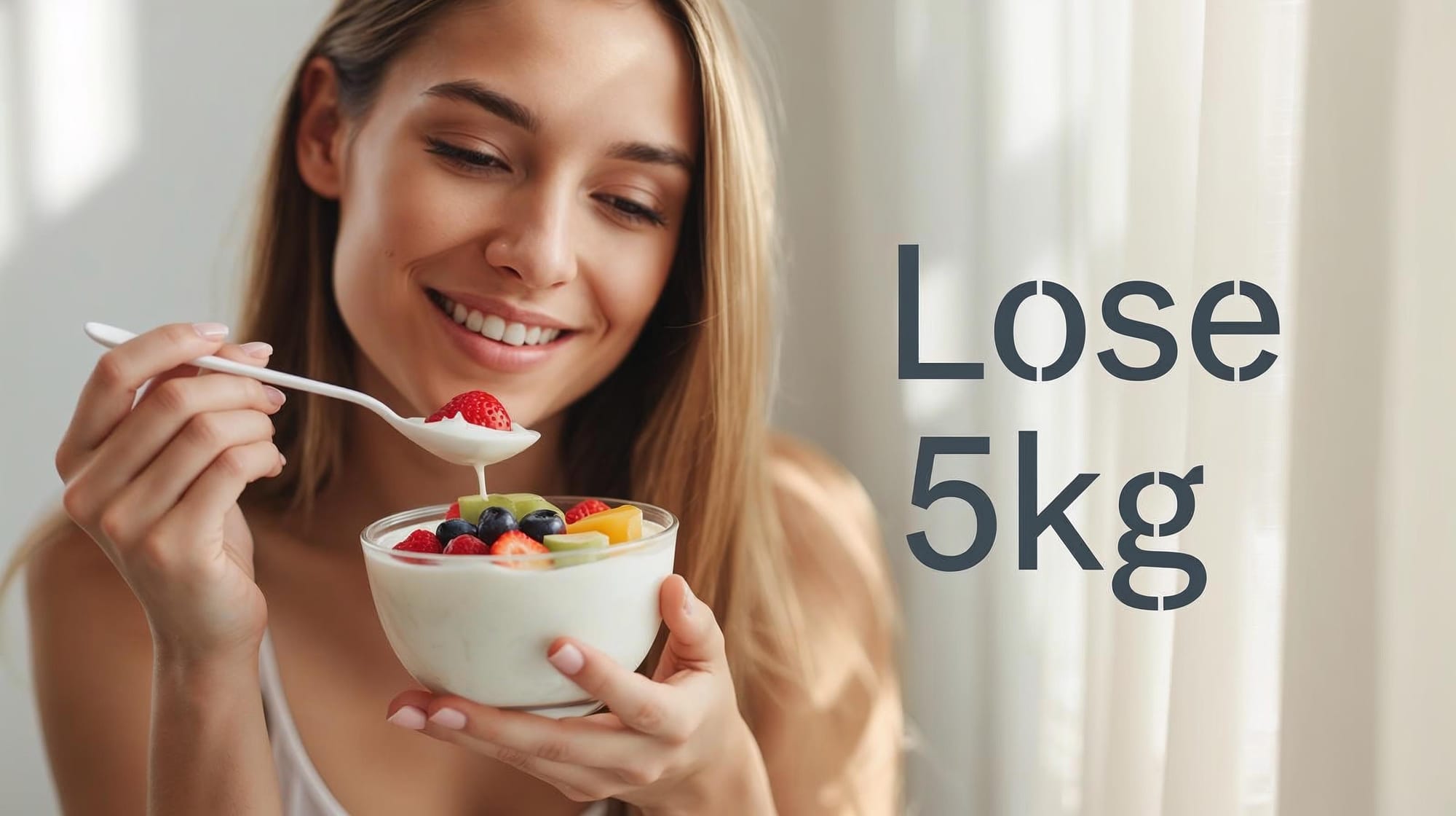 Woman with Greek yogurt smoothie bowl, text about losing 5kg