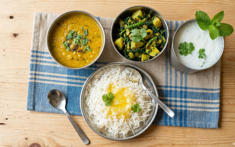 Indian gut reset lunch with dal rice ghee sabzi and chaas buttermilk in bright natural light