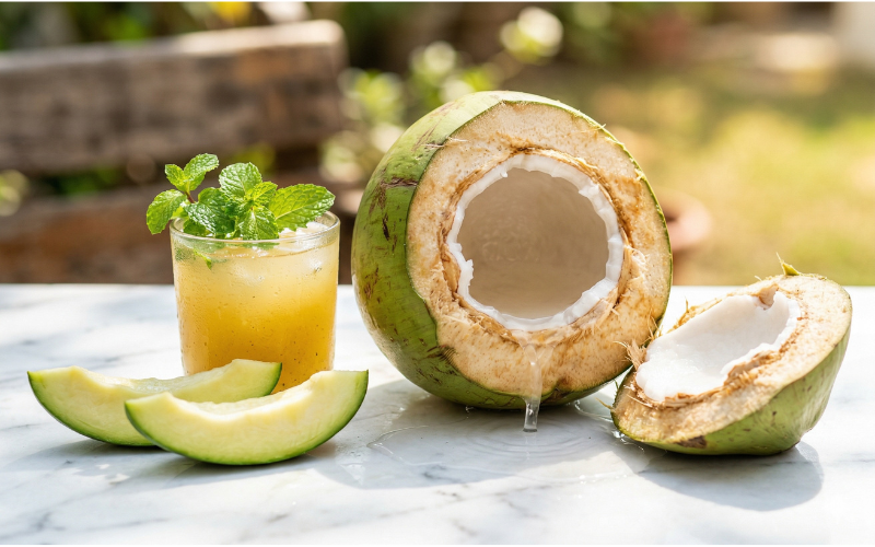 Fresh coconut raw mango and aam panna Indian summer gut healing foods in bright natural light