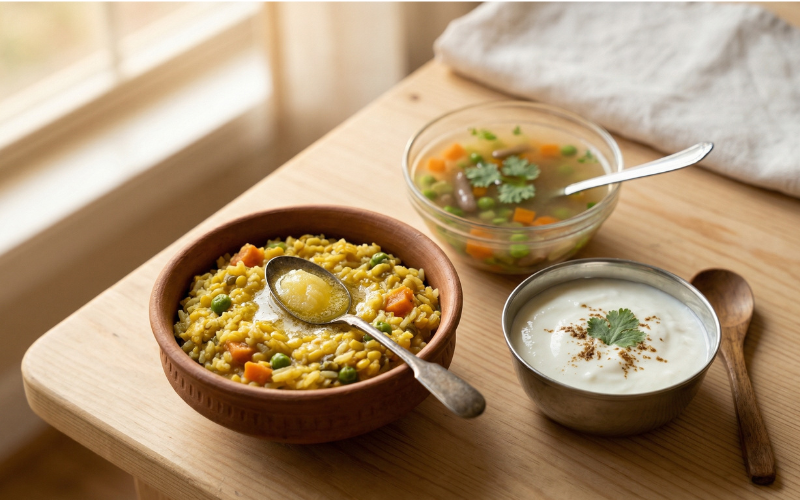 Light Indian dinner khichdi dahi soup for summer gut health